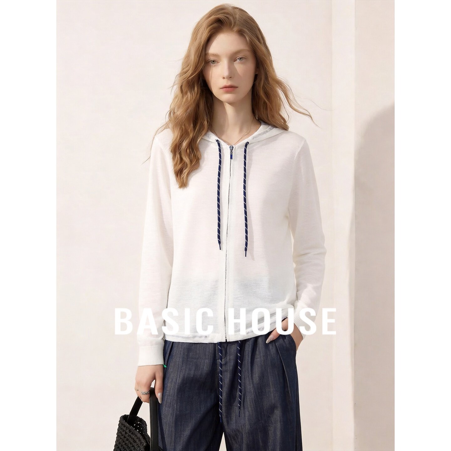 Basic House/百家好连帽拉链外套女宽松长袖韩版白色休闲上衣秋季