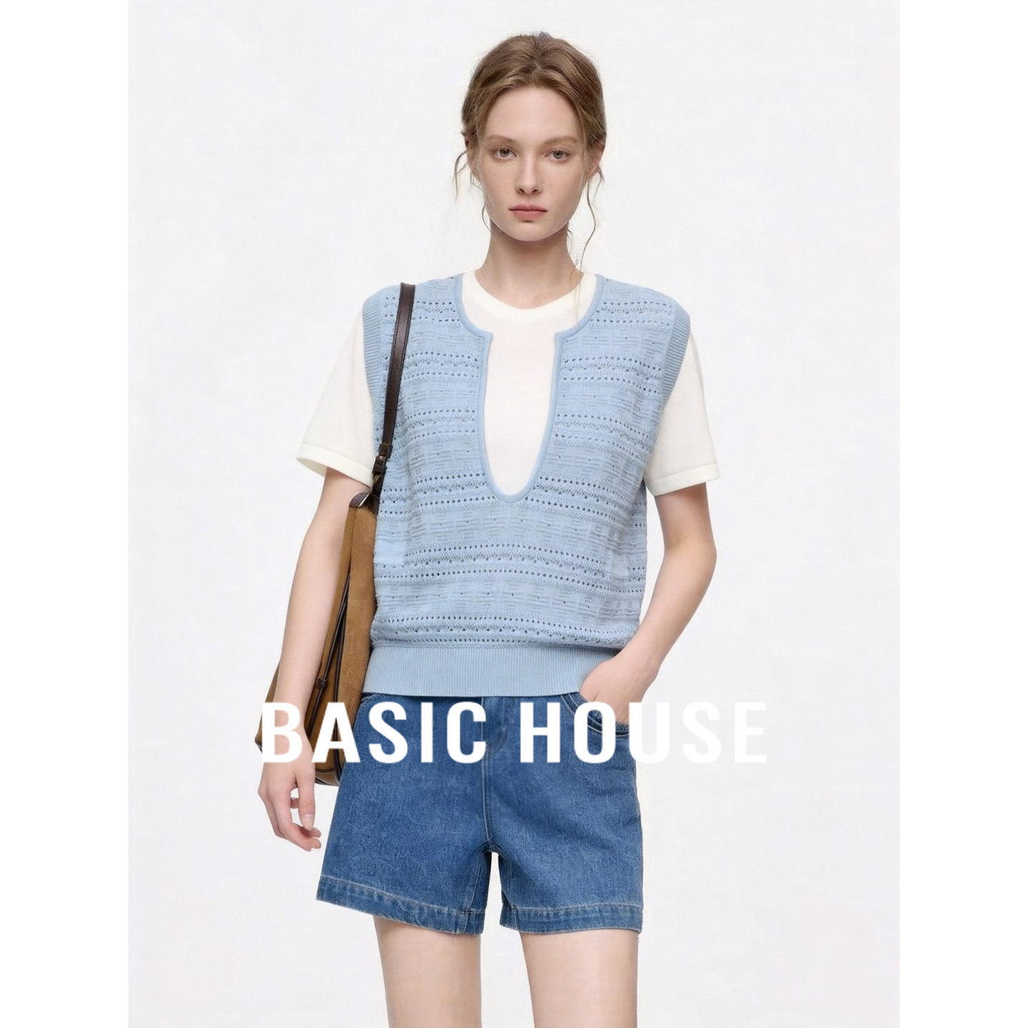 Basic House/百家好2026新款假两件镂空针织衫女夏蓝色设计感上衣