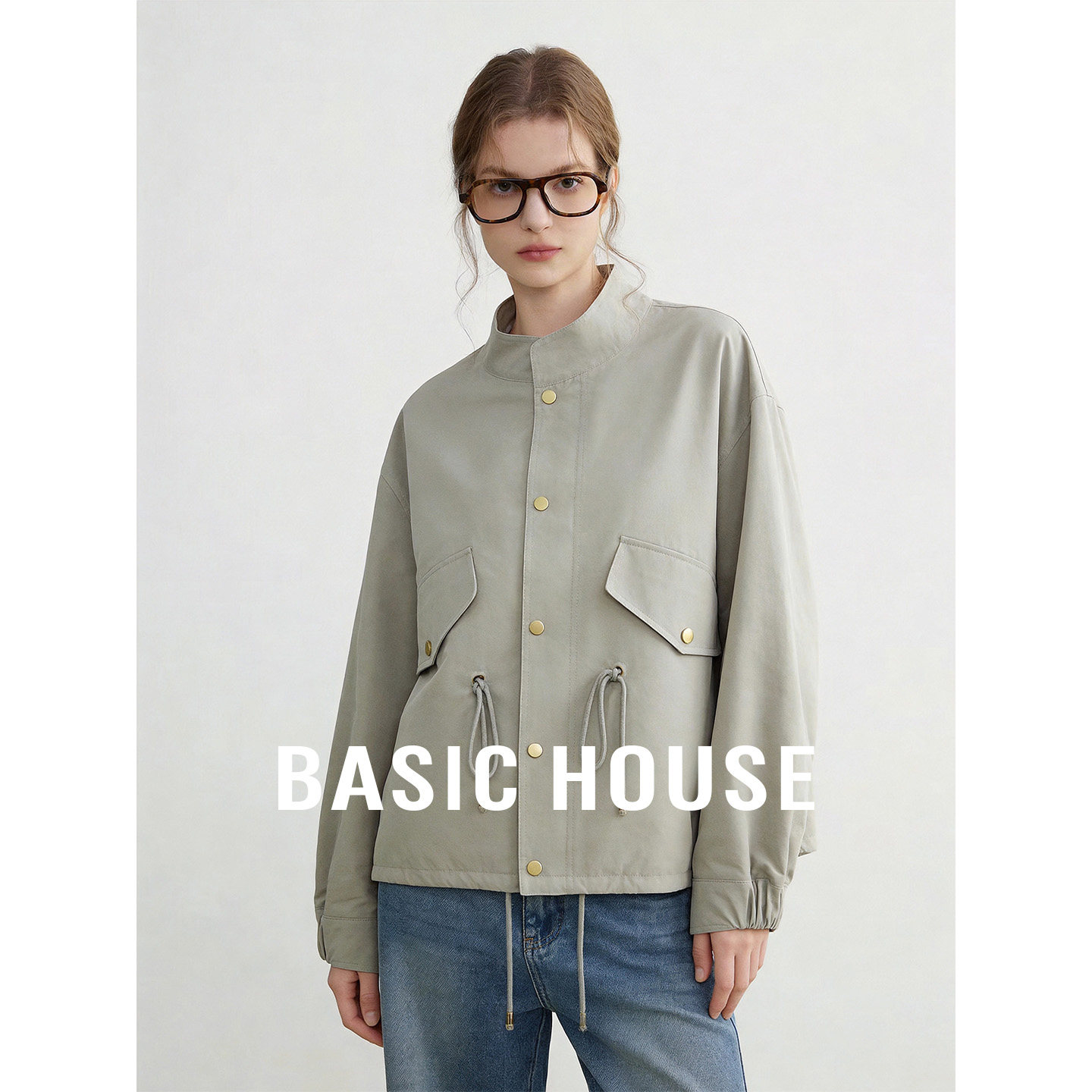Basic House/百家好灰绿色风衣短款外套女春季抽绳休闲百搭上衣