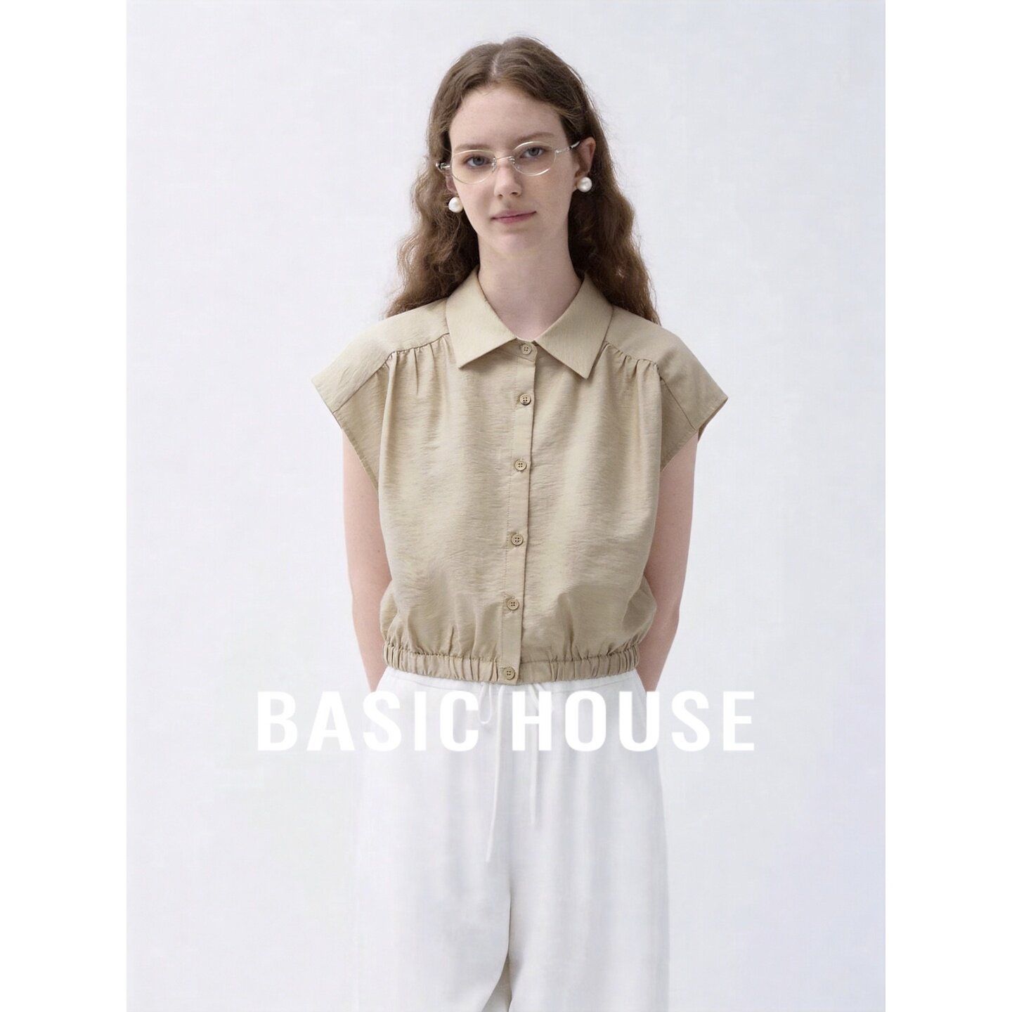 Basic House/百家好翻领短袖衬衫飞飞袖收腰设计极简米色女装夏季