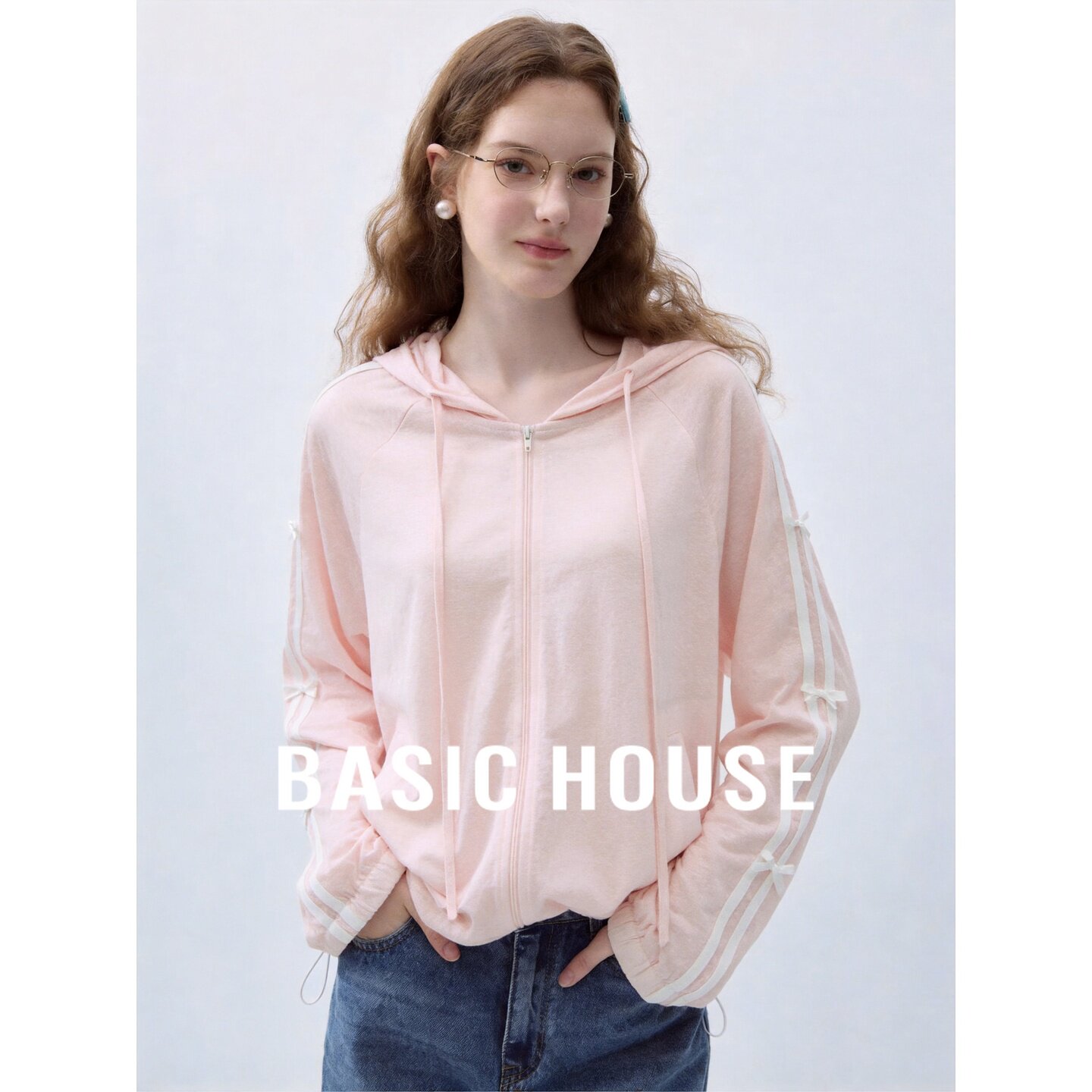 Basic House/百家好甜美风连帽拉链卫衣女秋季莱赛尔轻薄休闲上衣