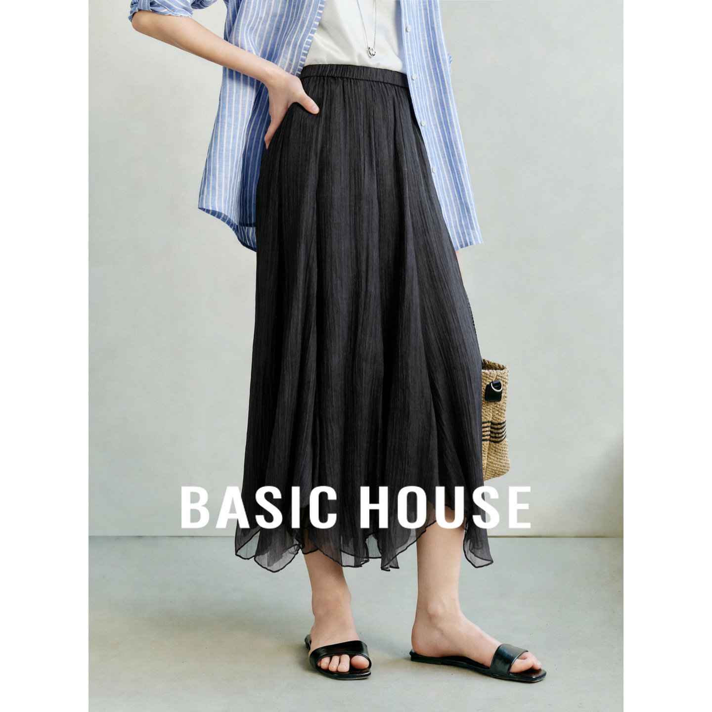 Basic House/百家好黑色网纱压褶半身裙女2026夏季松紧腰A字长裙