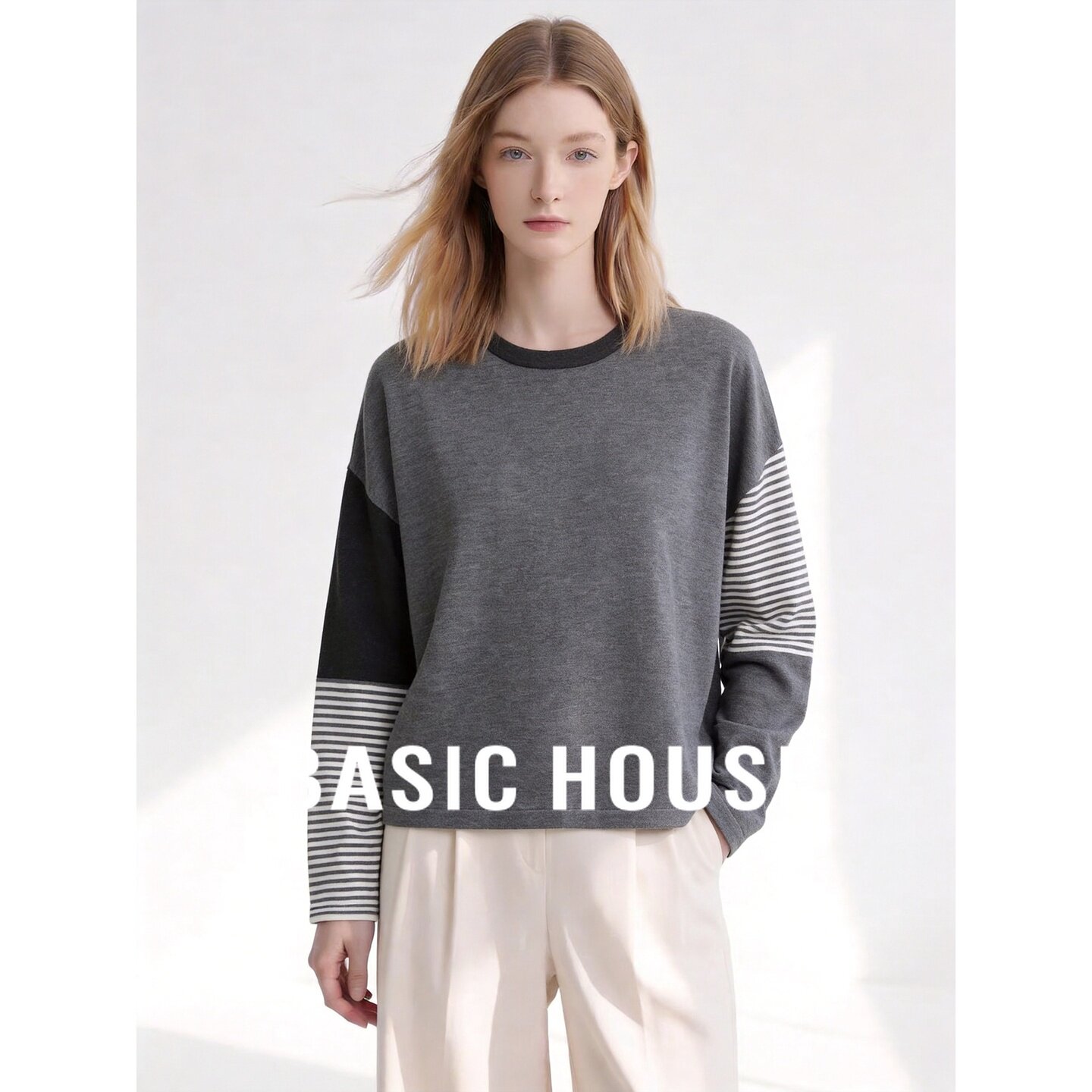 Basic House/百家好撞色条纹针织衫女秋季设计感长袖上衣打底衫