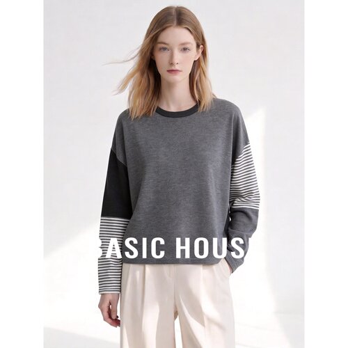 Basic House/百家好撞色条纹针织衫女秋季设计感长袖上衣打底衫