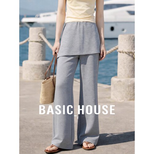 Basic House/百家好假两件高腰阔腿裤女灰色垂感微喇裤显瘦休闲裤