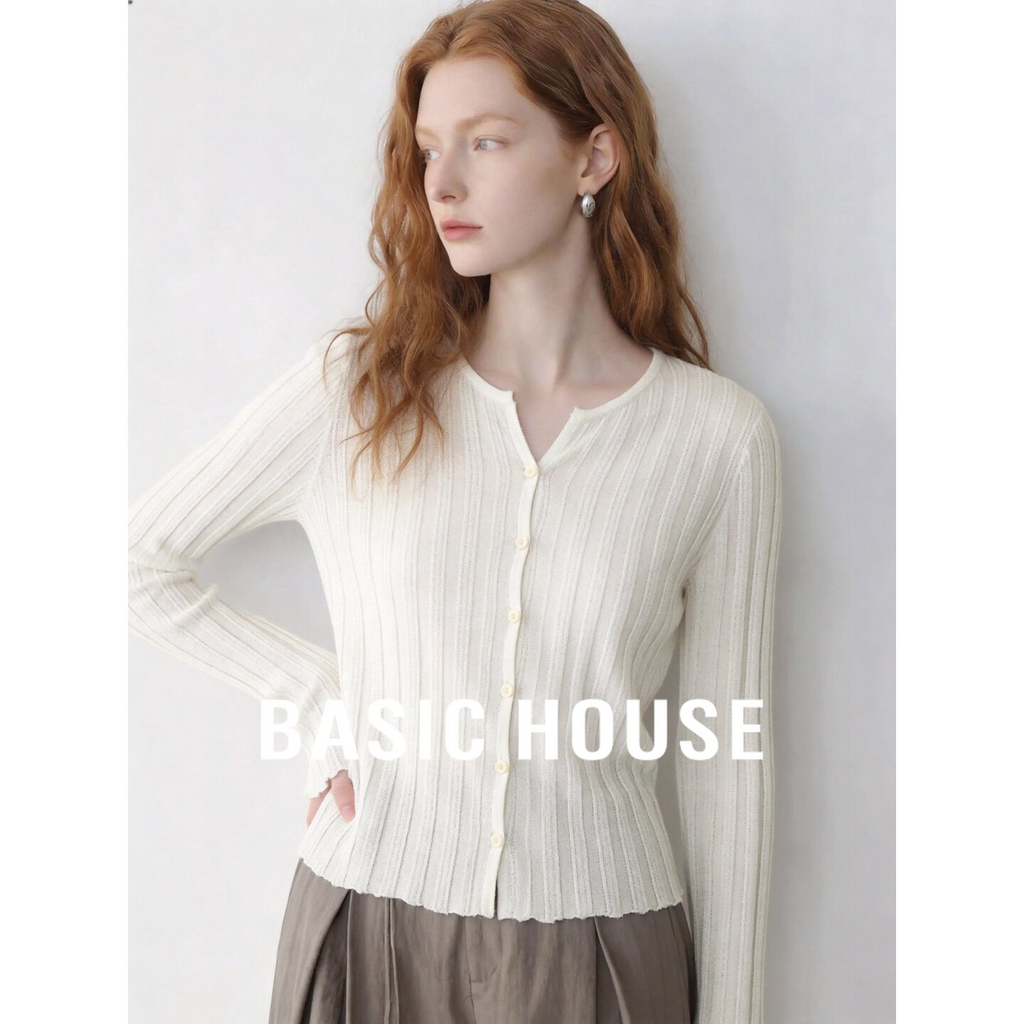 Basic House/百家好羊毛桑蚕丝白色针织开衫女修身显瘦基础款上衣