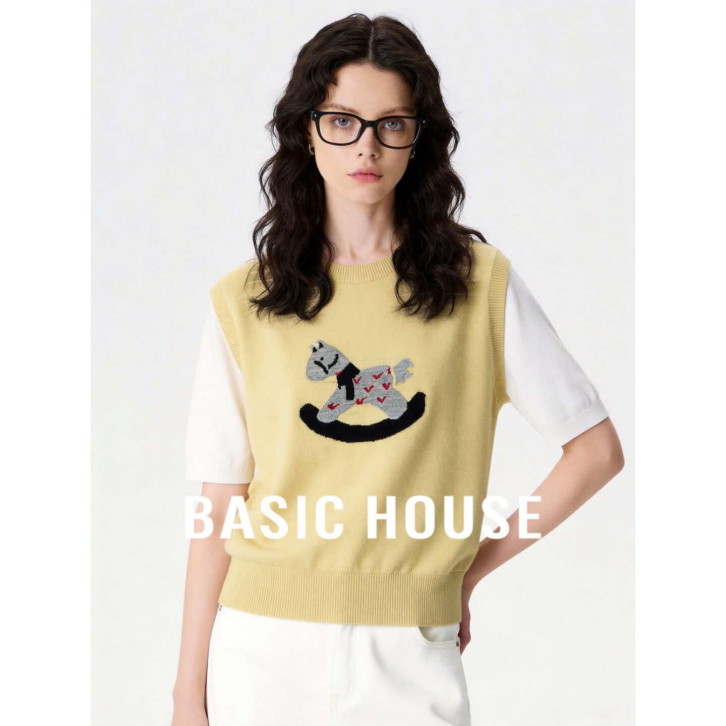 Basic House/百家好多巴胺假两件卡通小马刺绣针织衫短袖黄色上衣