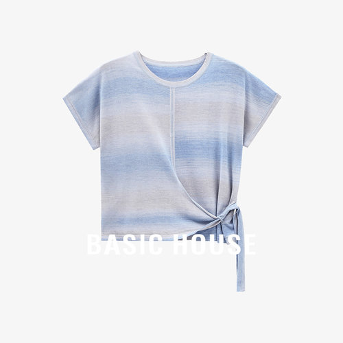 Basic House/百家好轻柔舒适天丝渐变条纹不规则绑带短袖针织衫女