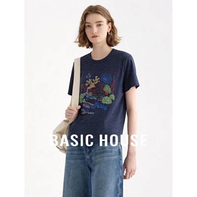Basic House/百家好重工刺绣圆领短袖T恤女藏青色莱赛尔亚麻上衣