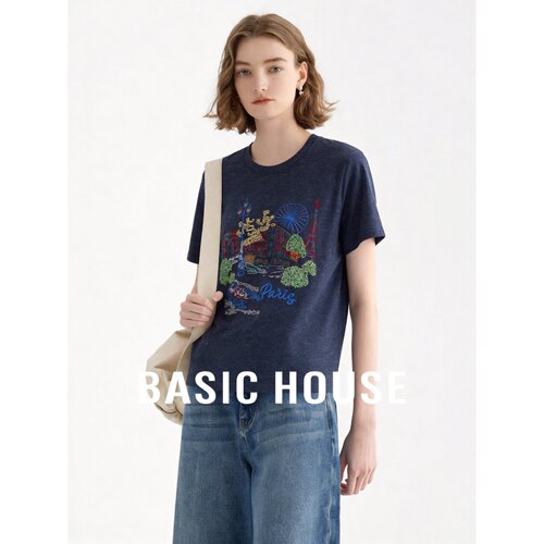 Basic House/百家好重工刺绣圆领短袖T恤女藏青色莱赛尔亚麻上衣
