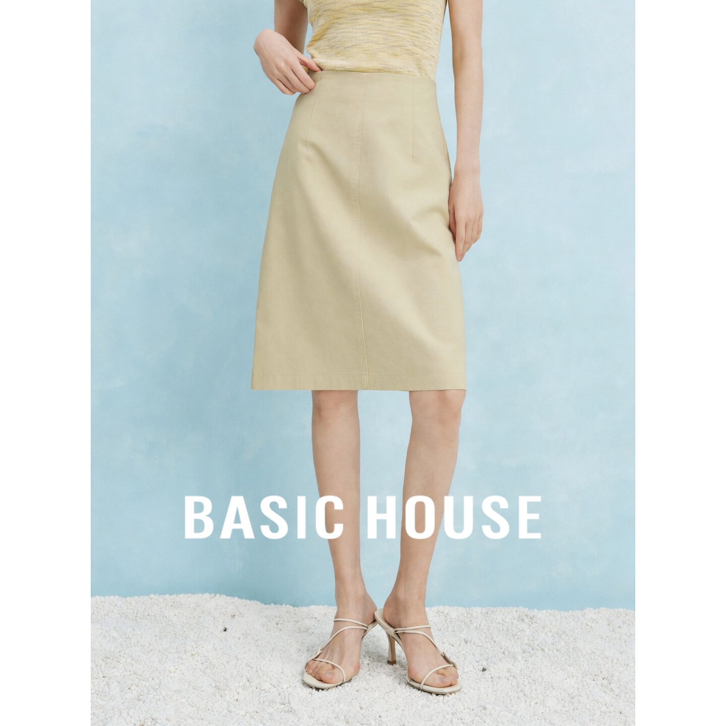 Basic House/百家好知性风高腰A字半身裙女夏显瘦通勤简约中长裙