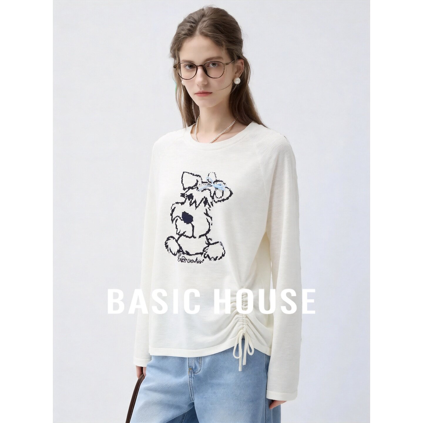 Basic House/百家好卡通小狗刺绣针织衫白色圆领抽褶长袖上衣休闲