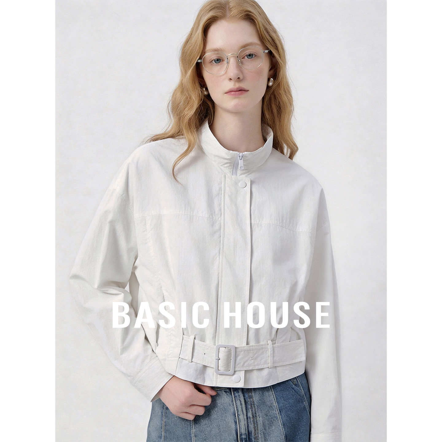 Basic House/百家好白色立领简约短款外套女夏季透气休闲百搭上衣