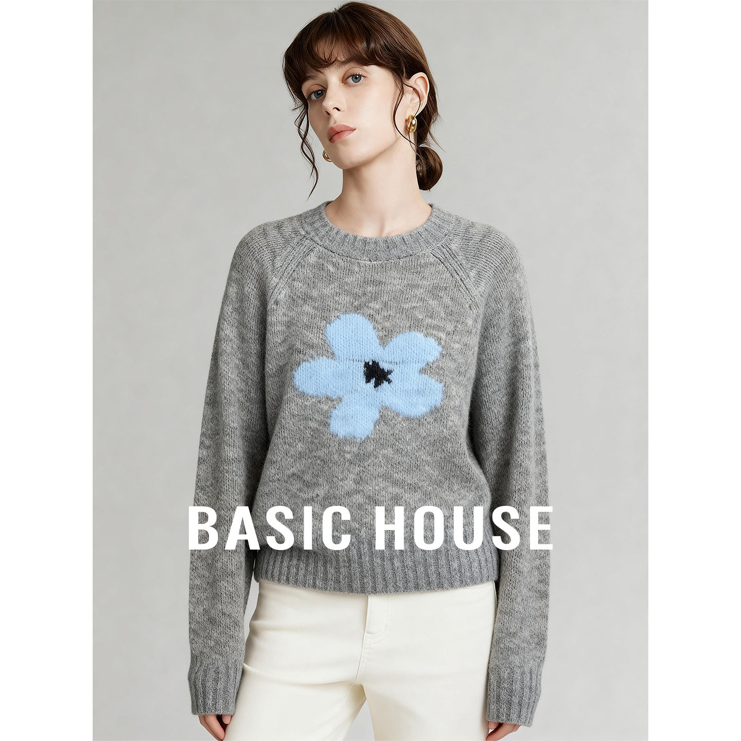 Basic House/百家好冬季新款圆领刺绣套头毛衣女保暖百搭内搭上衣,女装/女士精品,毛衣,淘宝优惠券,粉丝福利购,淘宝优惠卷