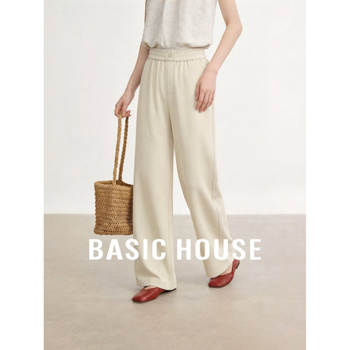 Basic House/百家好26新款松弛感阔腿裤女杏色垂感休闲裤宽松
