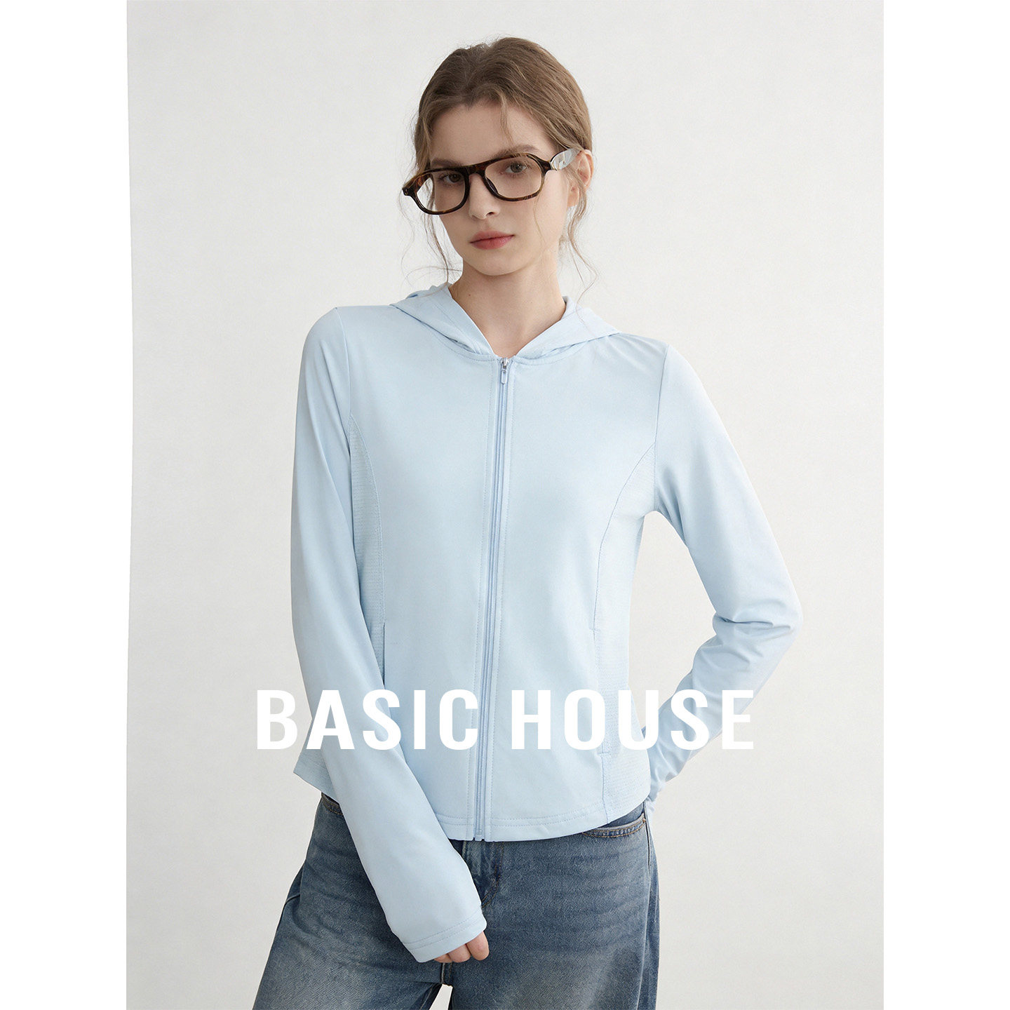 Basic House/百家好蓝色连帽冰凉纯色衬衫女夏季舒适百搭防晒衣