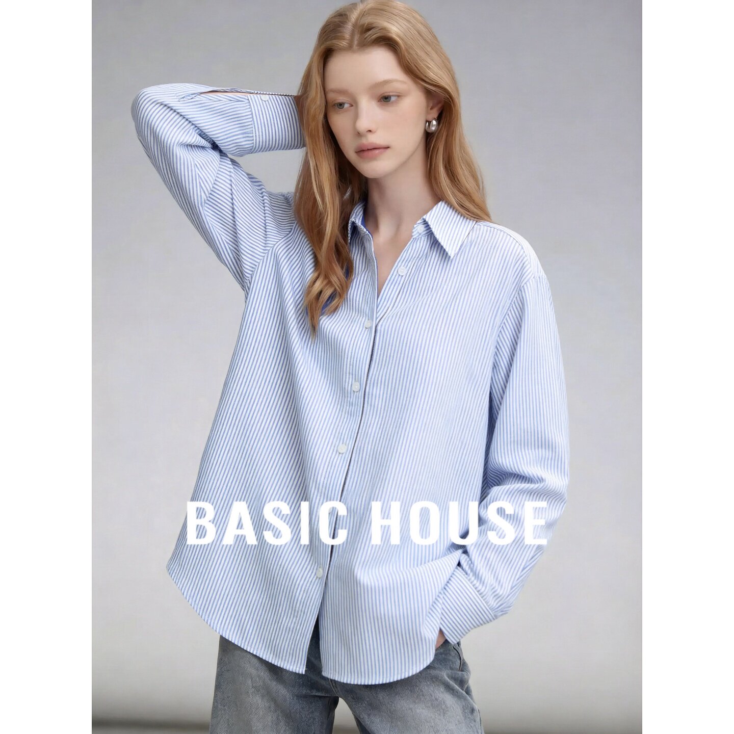 Basic House/百家好简约莱赛尔蓝白条翻领衬衫女长袖宽松显瘦衬衣