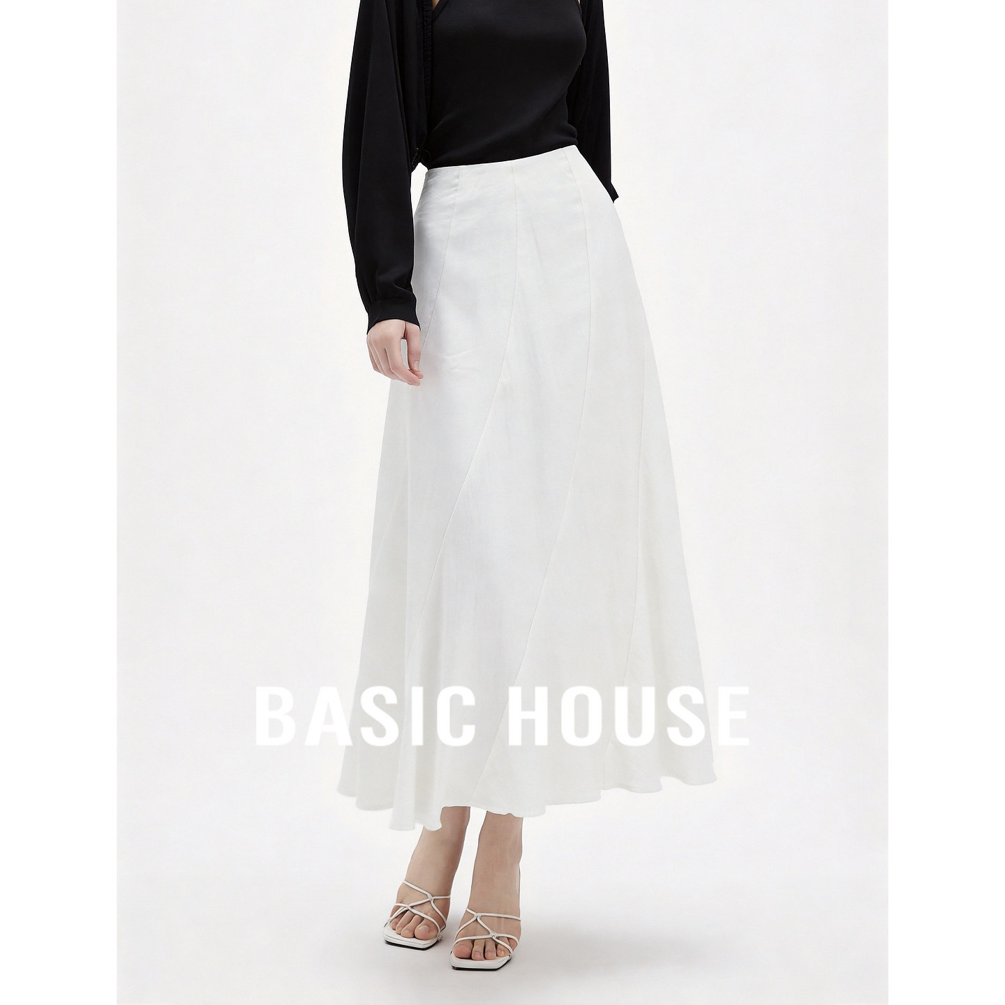 Basic House/百家好2026夏季褶皱中腰A型裙摆日常优雅A字半身长裙
