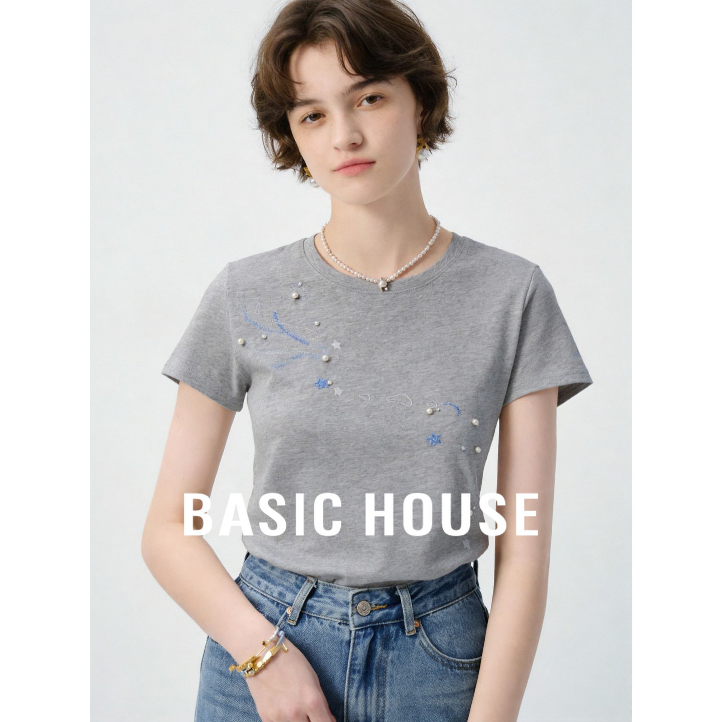 Basic House/百家好简约短袖T恤女灰色立体珍珠款设计感上衣