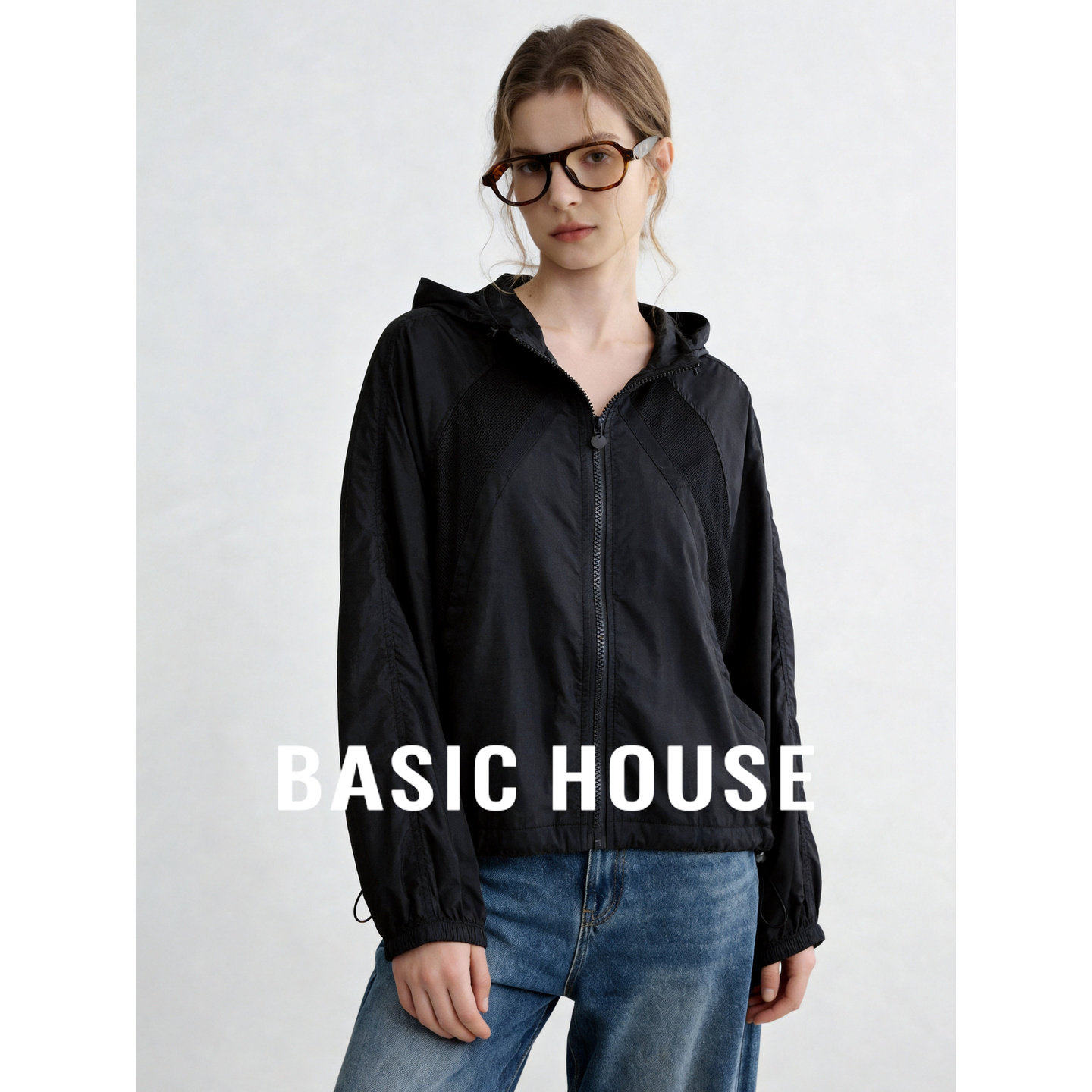 Basic House/百家好黑色连帽防晒衣女2026夏季轻薄开衫宽松短外套
