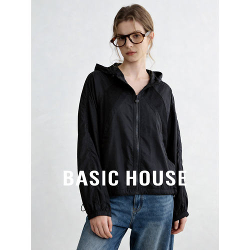 Basic House/百家好黑色连帽防晒衣女2026夏季轻薄开衫宽松短外套