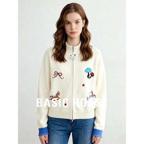 Basic House/百家好撞色卡通提花双开拉链开衫上衣女立领短款毛衣