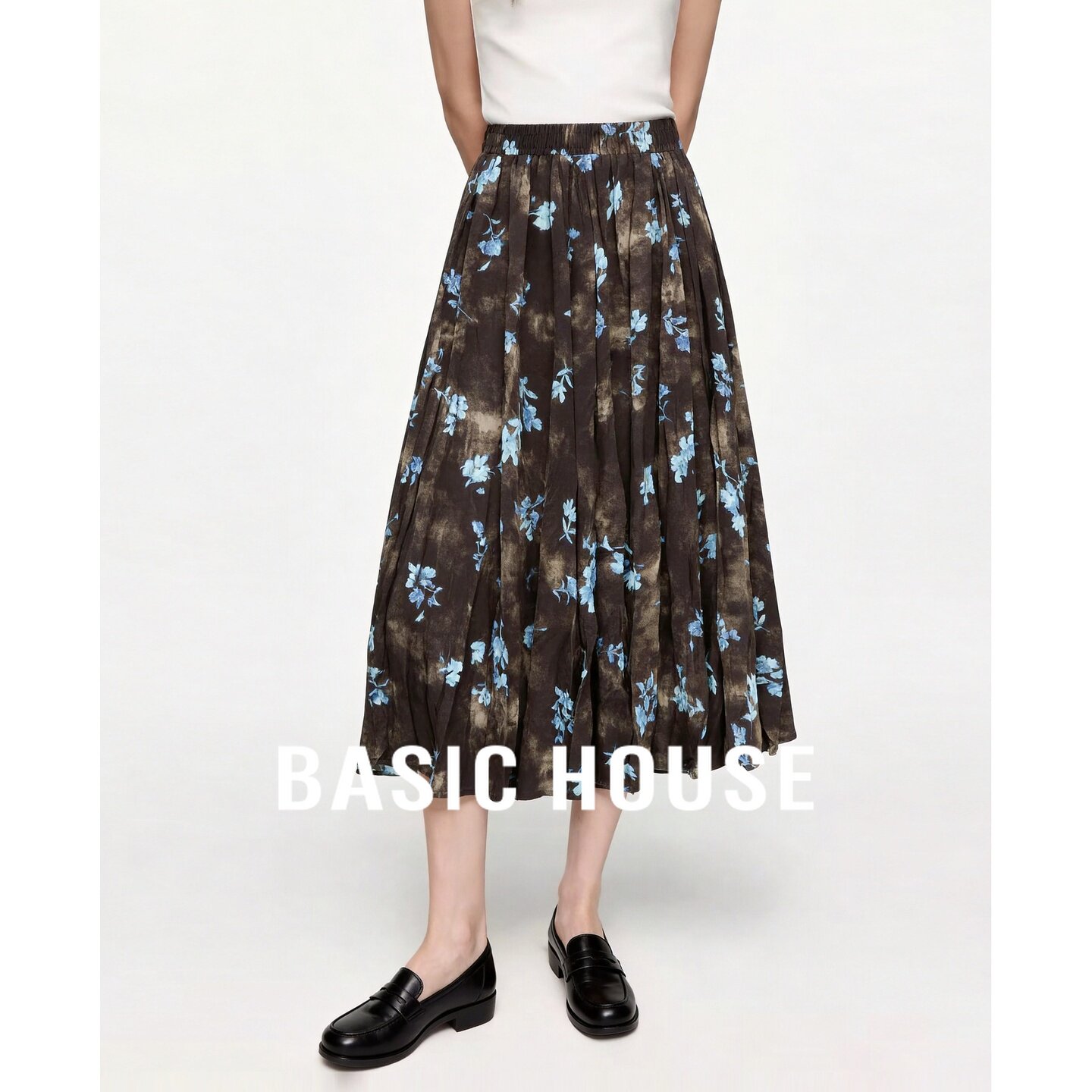 Basic House/百家好复古蓝色印花半身裙女中长款松紧腰气质半身裙