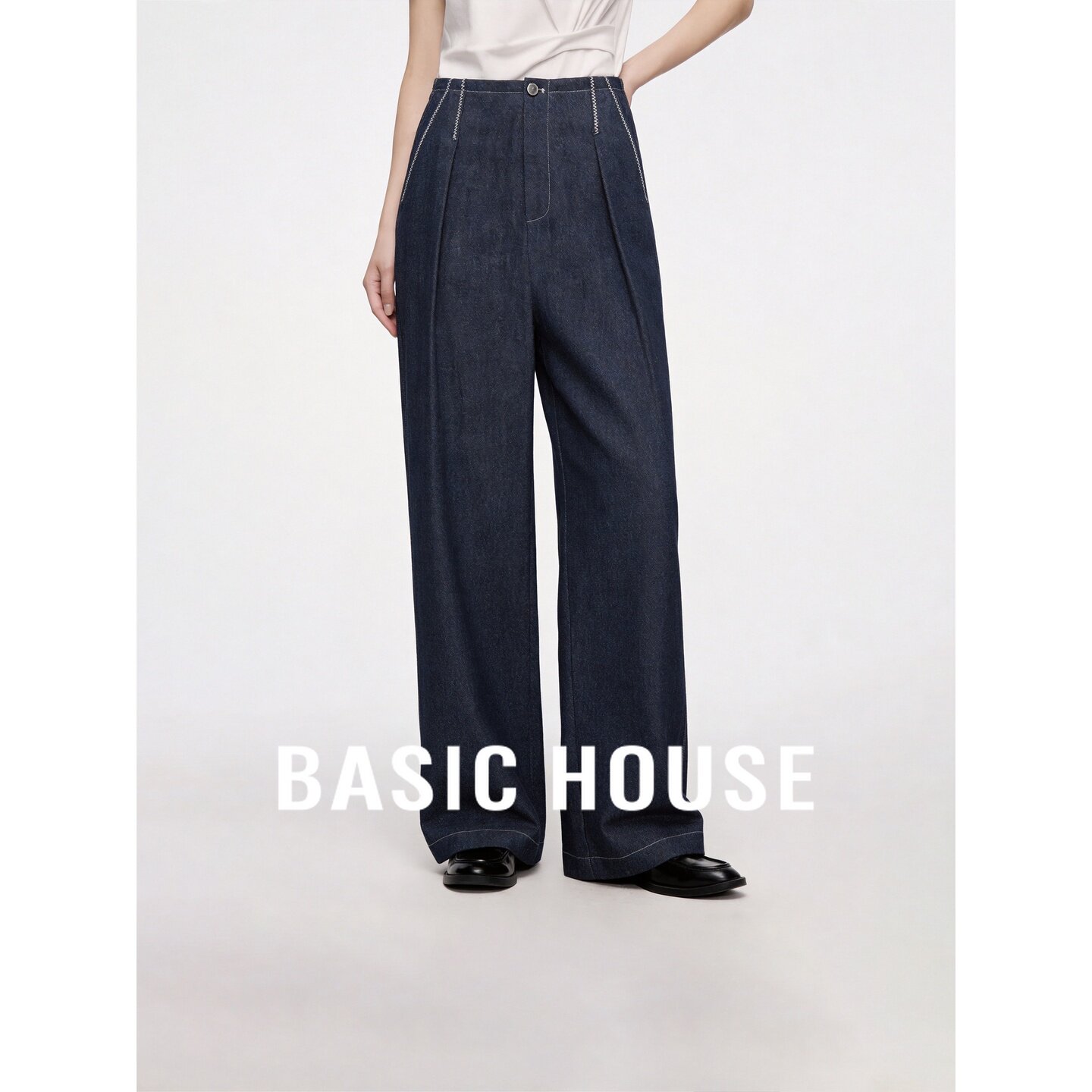 Basic House/百家好高腰阔腿牛仔裤女宽松显瘦垂感亚麻长裤藏青色