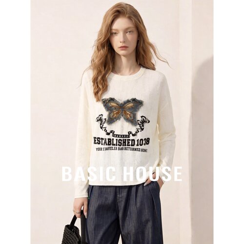 Basic House/百家好美式复古立体蝴蝶长袖T恤女白色圆领宽松上衣