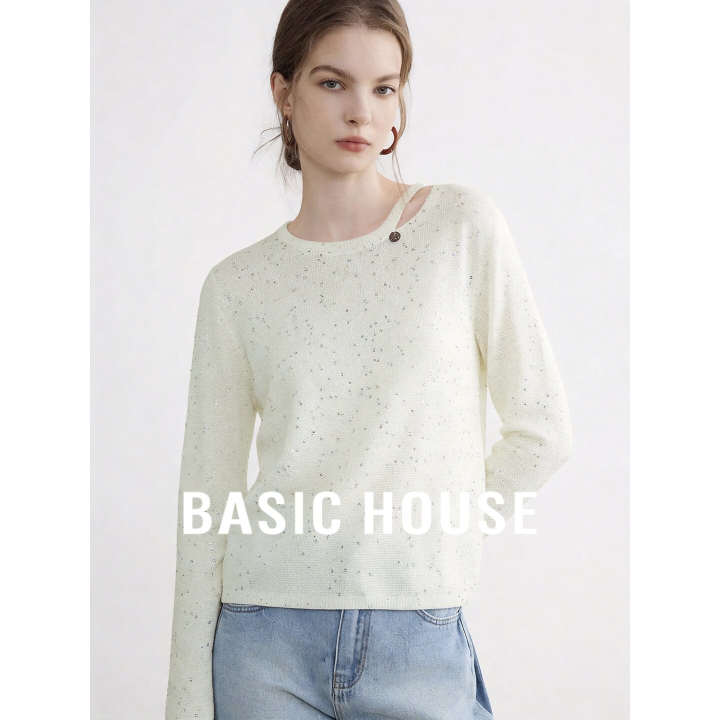 Basic House/百家好2026秋白色圆领亮片装饰直筒长袖女新款针织衫
