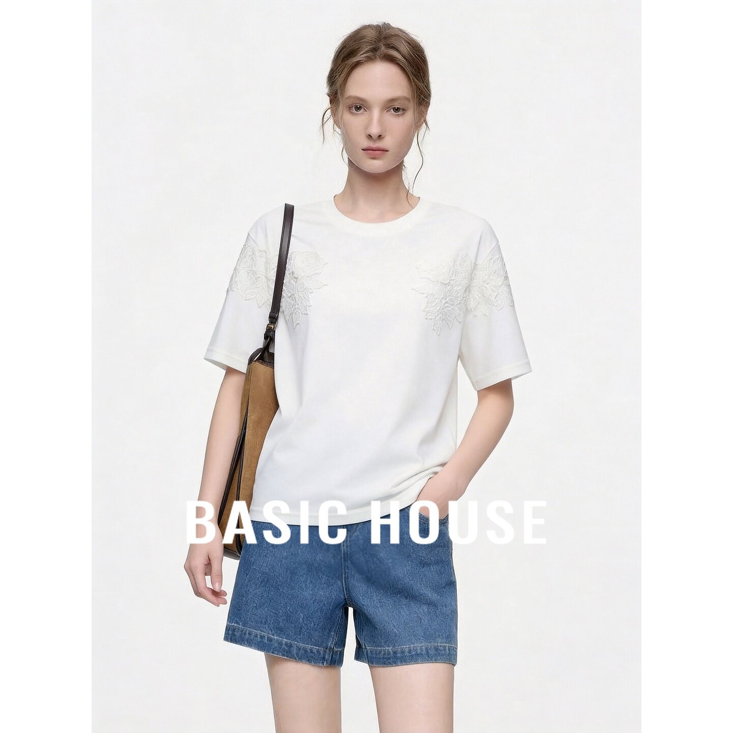 Basic House/百家好简约白色短袖T恤女蕾丝花边圆领宽松休闲上衣