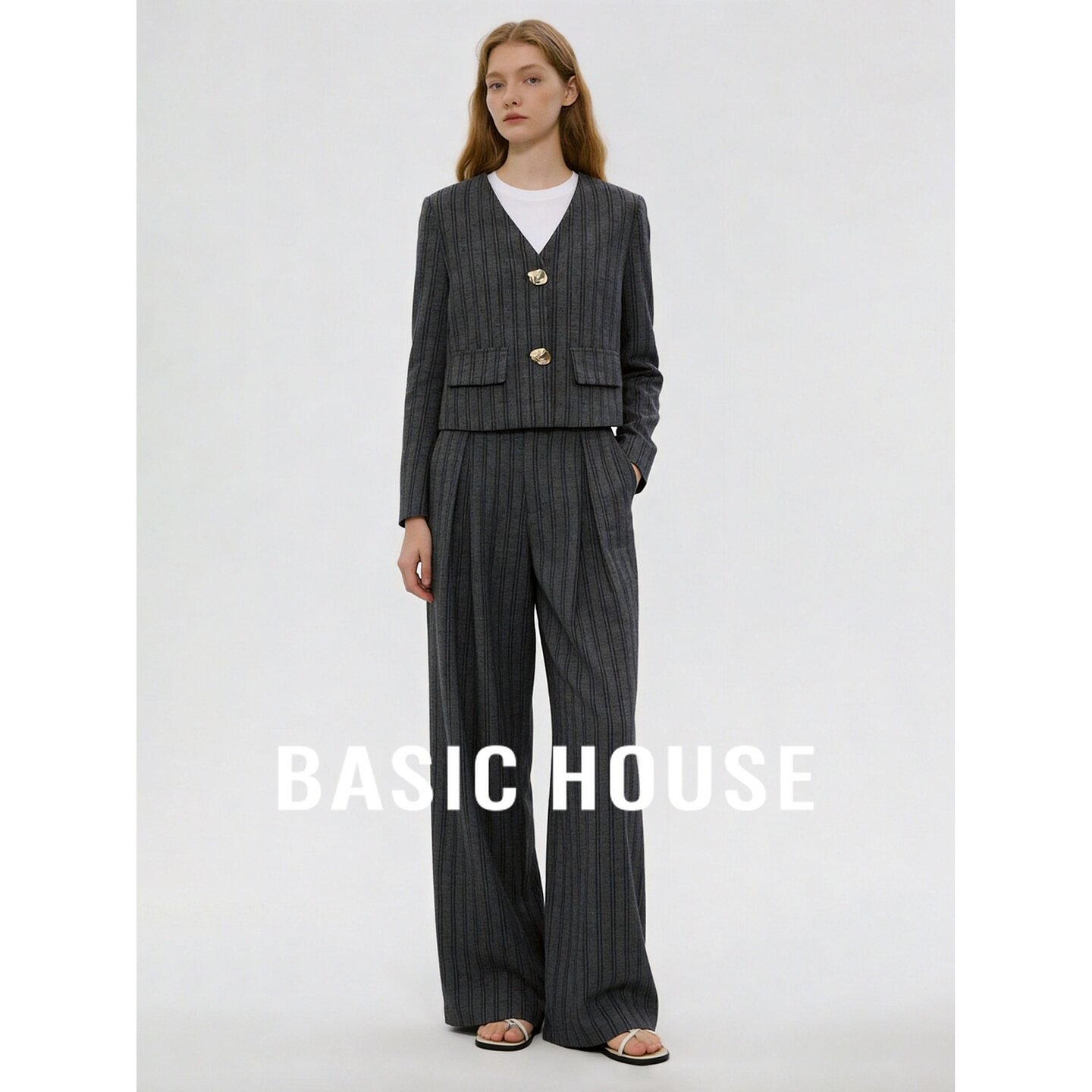 Basic House/百家好条纹西装套装女V领短外套阔腿裤两件套高级感