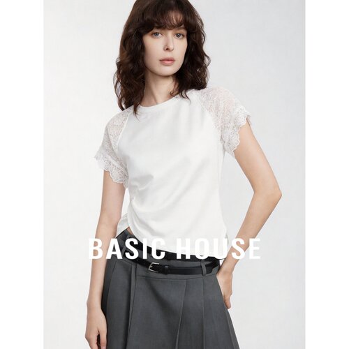Basic House/百家好蕾丝拼接短袖T恤女夏韩版通勤上衣白色约会