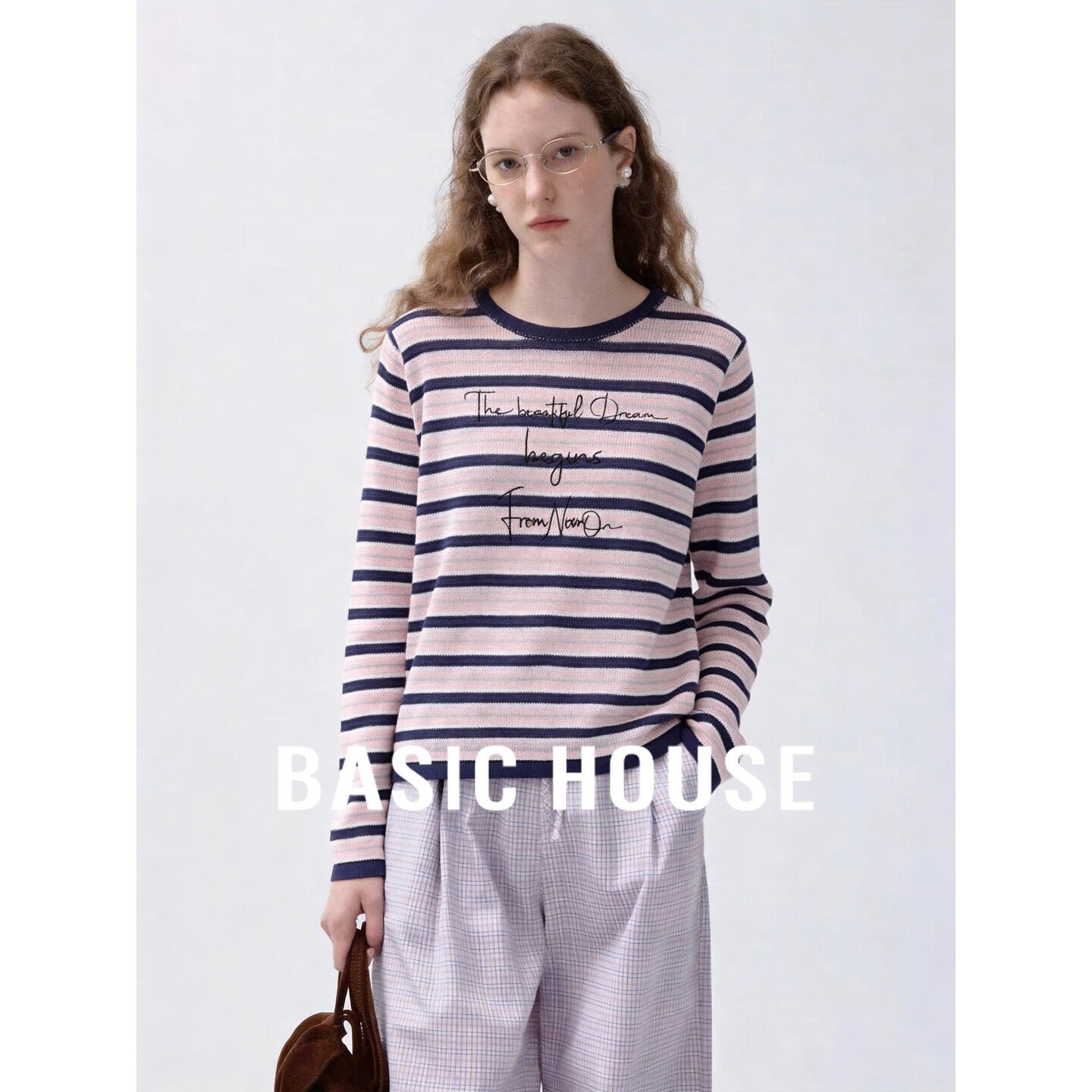 Basic House/百家好条纹针织衫女长袖圆领百搭薄款套头松弛感上衣