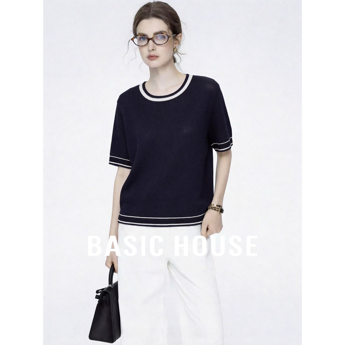 Basic House/百家好撞色边针织衫女短袖圆领毛衣显瘦百搭通勤上衣