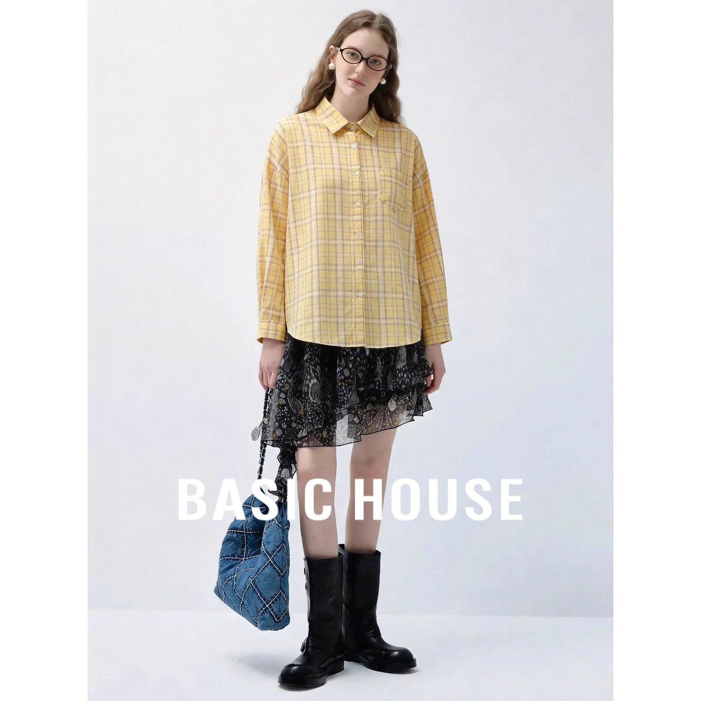 Basic House/百家好纯棉翻领黄色复古格子宽松显瘦休闲百搭衬衫女