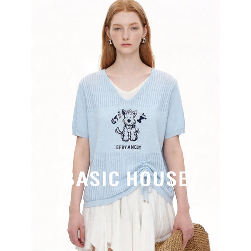 Basic House/百家好2026夏V领假两件抽褶设计西高地短袖针织衫女