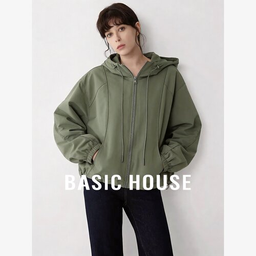 Basic House/百家好连帽立领抽绳收腰短外套女装百搭宽松夹克上衣