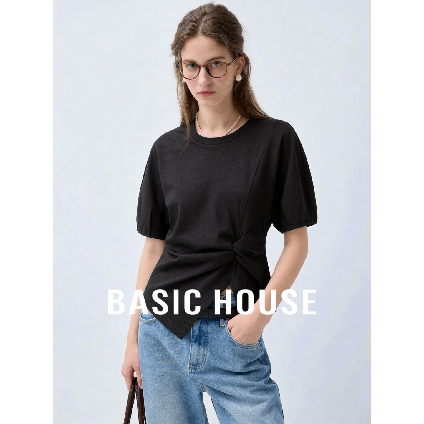 Basic House/百家好黑色泡泡袖短袖T恤女2026夏收腰显瘦纯棉上衣
