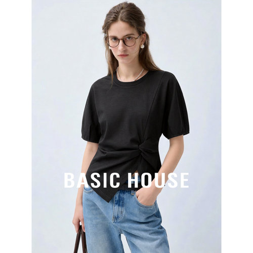 Basic House/百家好黑色泡泡袖短袖T恤女2026夏收腰显瘦纯棉上衣