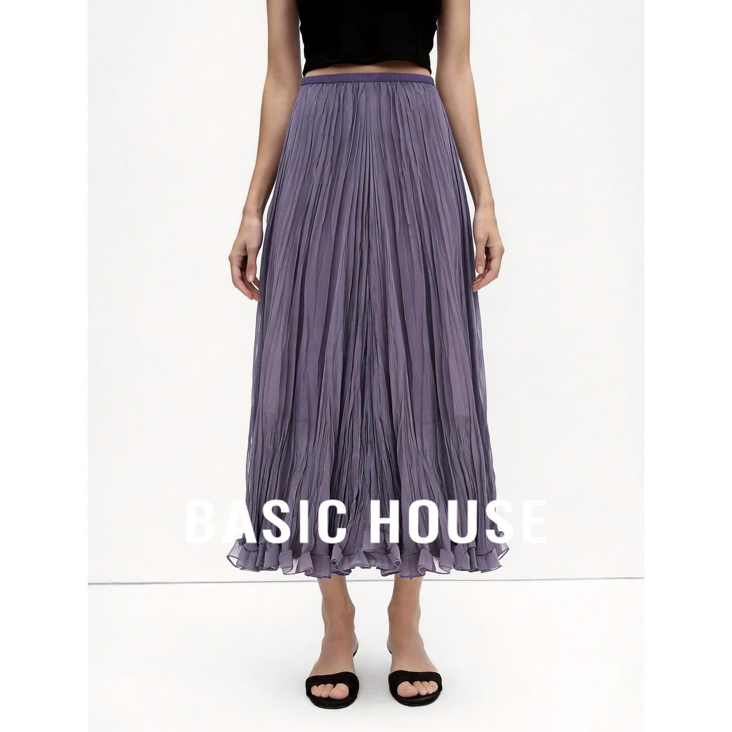 Basic House/百家好优雅紫色百褶半身裙高腰显瘦中长款气质A字裙