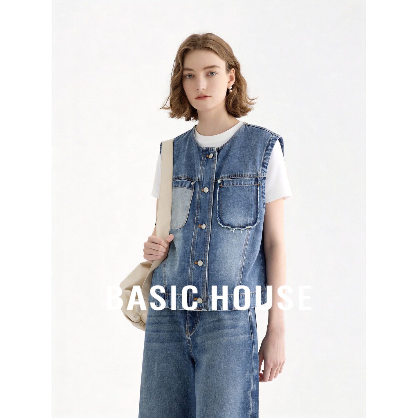 Basic House/百家好无袖牛仔马甲女秋口袋宽松外搭叠穿百搭上衣
