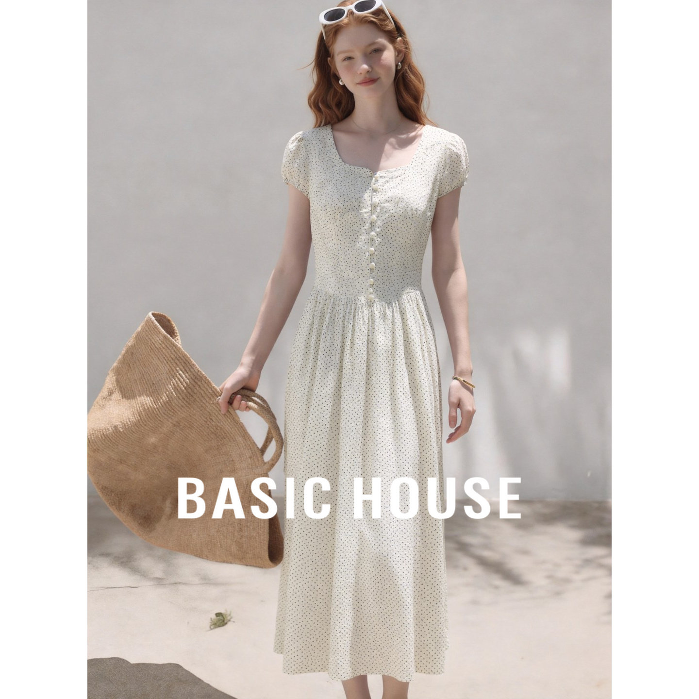 Basic House/百家好纯棉波点连衣裙女夏季法式方领中长裙显瘦气质