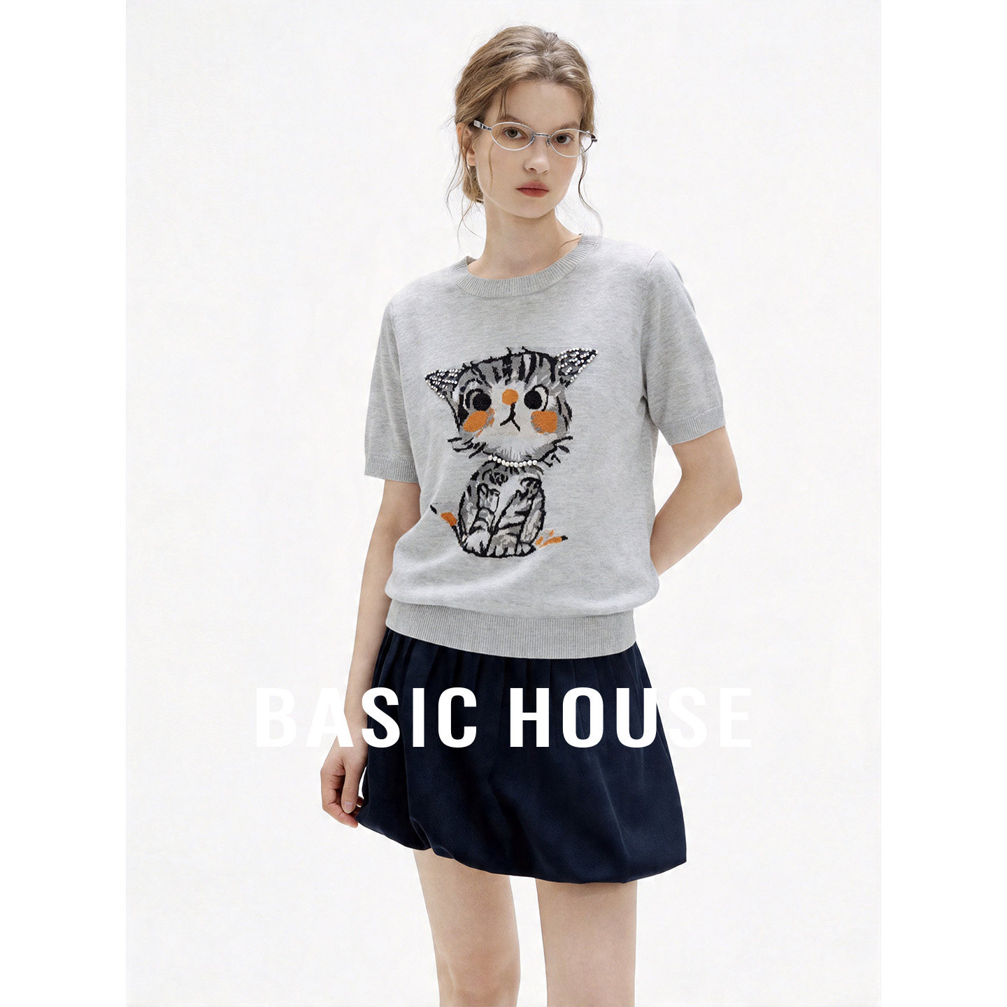 Basic House/百家好猫咪珍珠短袖T恤夏季新款减龄圆领针织上衣女