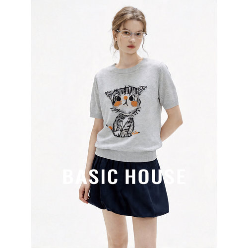 Basic House/百家好猫咪珍珠短袖T恤夏季新款减龄圆领针织上衣女