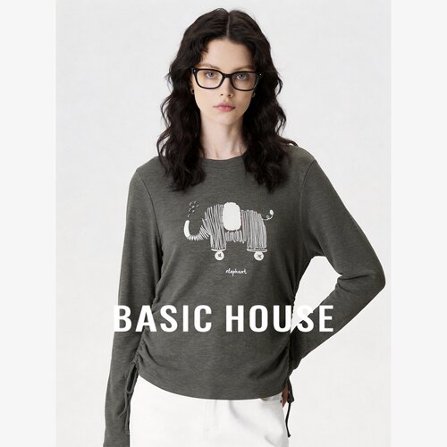 Basic House/百家好设计感卡通大象长袖T恤女抽绳收腰显瘦上衣