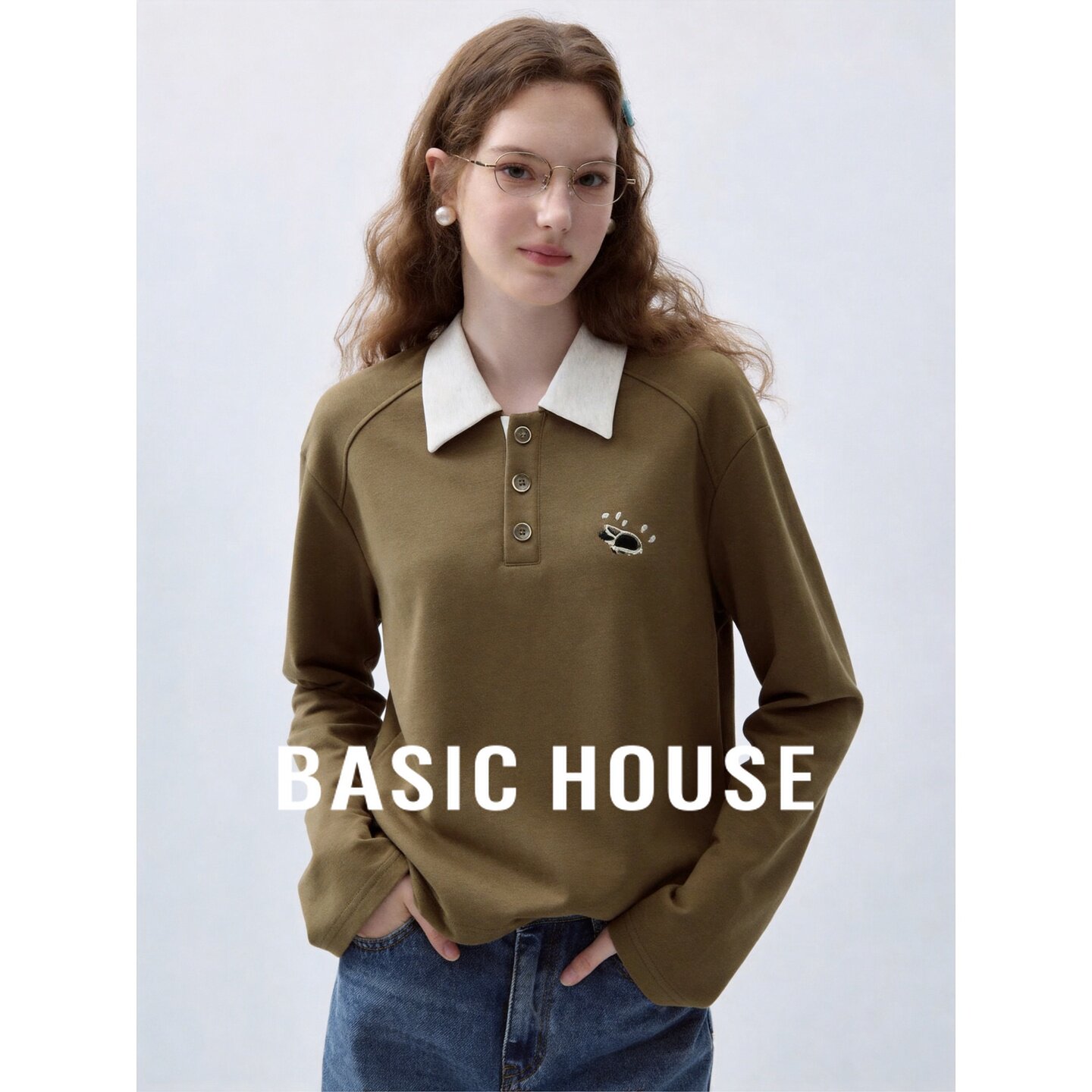 Basic House/百家好复古polo领卫衣女宽松刺绣慵懒风学院减龄上衣