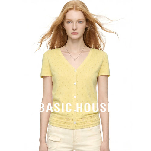 Basic House/百家好短款V领镂空开衫短袖针织衫女黄色亚麻薄款T恤