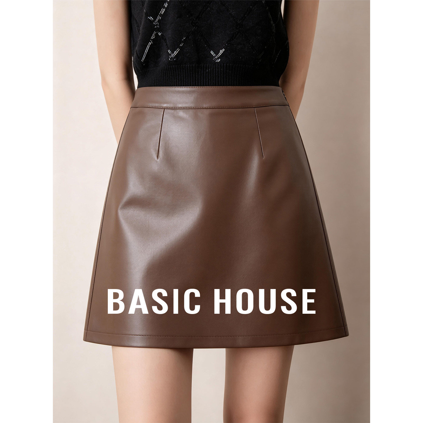 Basic House/百家好春季新款A字半身裙女2026洋气百搭短款PU皮裙