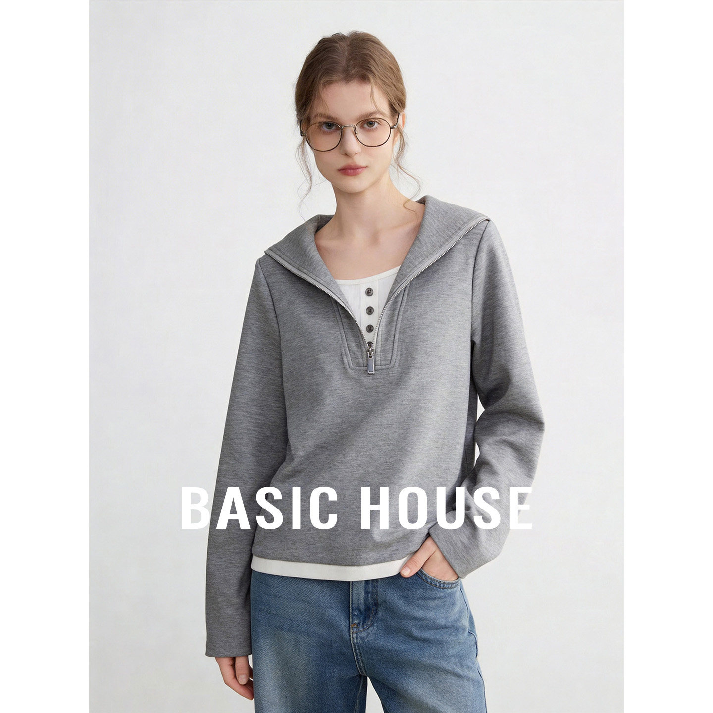 Basic House/百家好撞色假两件长袖卫衣女2026半拉链长袖打底衫